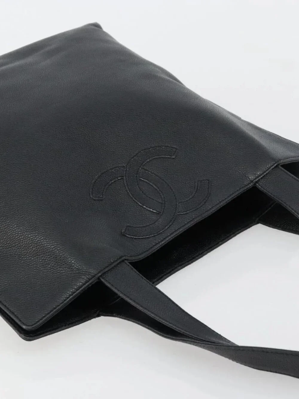 CHANEL Tote Bag Grained Calf Skin Black Gold CC Auth BA12903